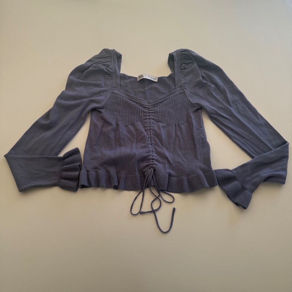 Zara-Periwinkle-Cropped-Ruffle-Long Sleeve-Knit-Sweater-Top-Size S